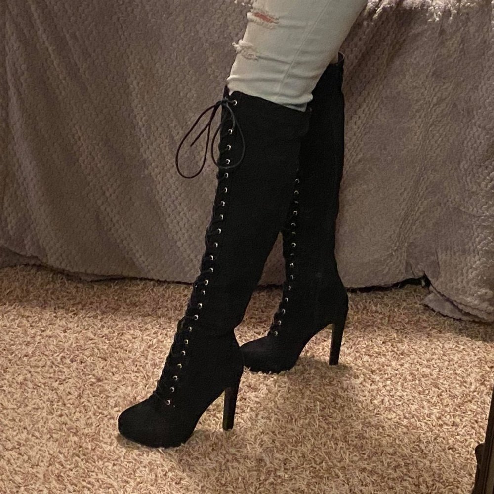BRAND NEW FAUX SUEDE OVER THE KNEE STILETTO BOOTS